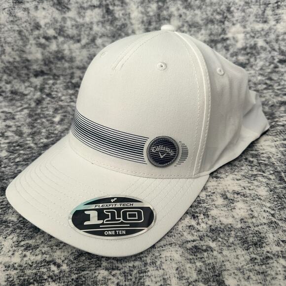 New Callaway Men's White Flexfit 110 One Ten Golf Hat Cap w/ Striped Band & Logo - Picture 1 of 10
